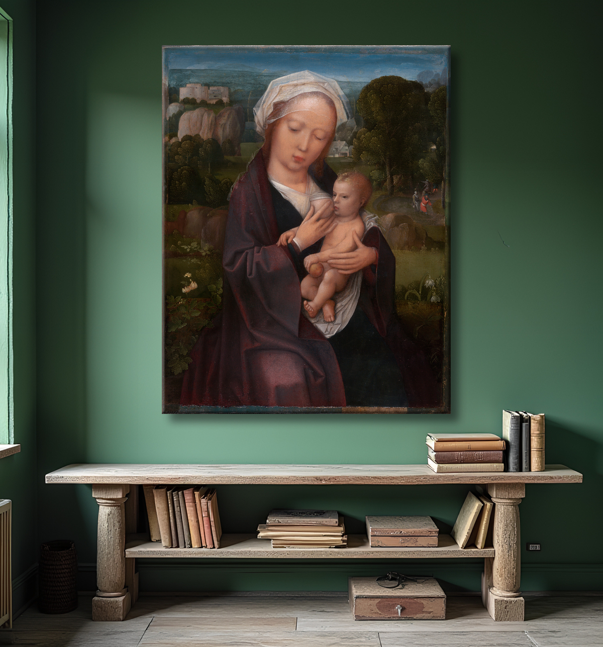 Reproduction Vierge à l'Enfant de Adriaen Isenbrant avec decor