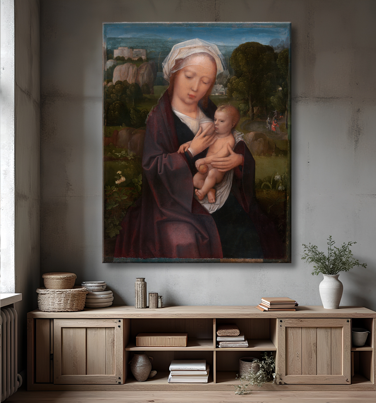 Reproduction Vierge à l'Enfant de Adriaen Isenbrant avec decor