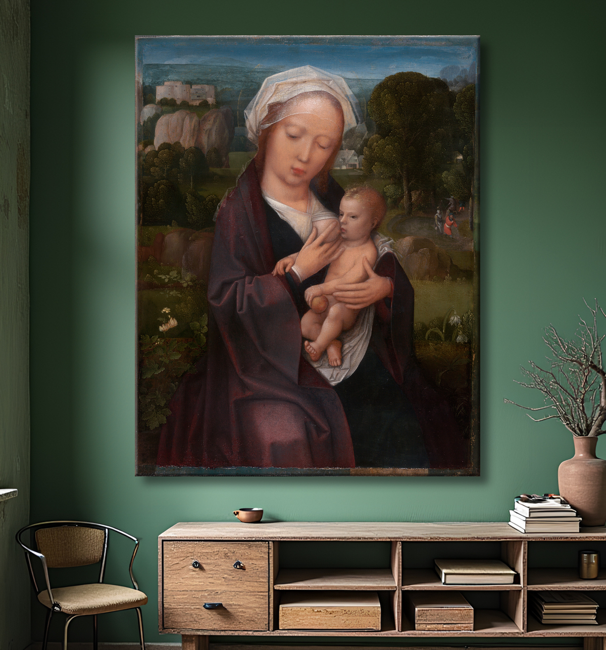 Reproduction Vierge à l'Enfant de Adriaen Isenbrant avec decor