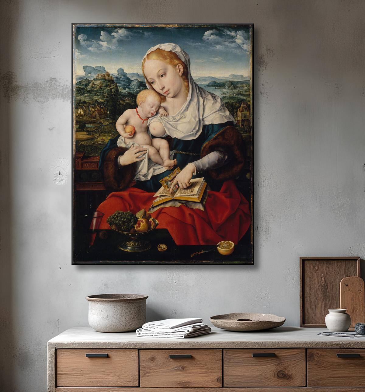 Reproduction Vierge à l'Enfant de Joos van Cleve avec decor