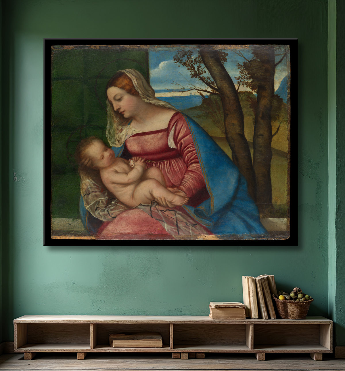Reproduction Vierge à l'enfant de Titian (Tiziano Vecellio) avec decor