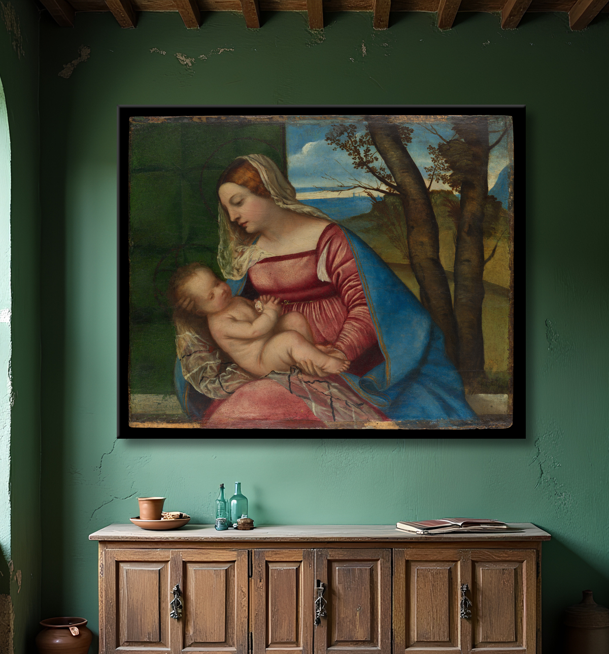 Reproduction Vierge à l'enfant de Titian (Tiziano Vecellio) avec decor