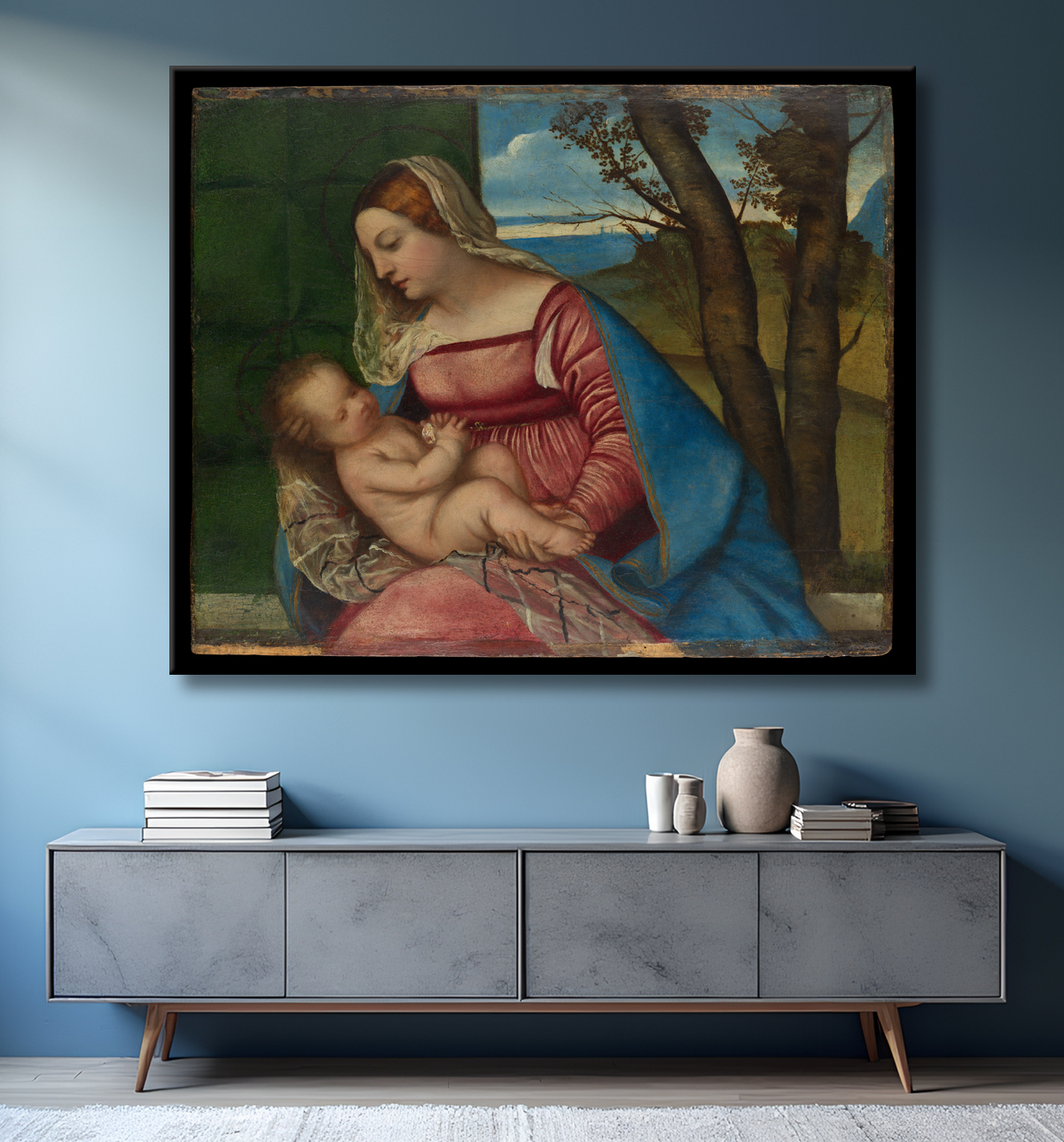Reproduction Vierge à l'enfant de Titian (Tiziano Vecellio) avec decor