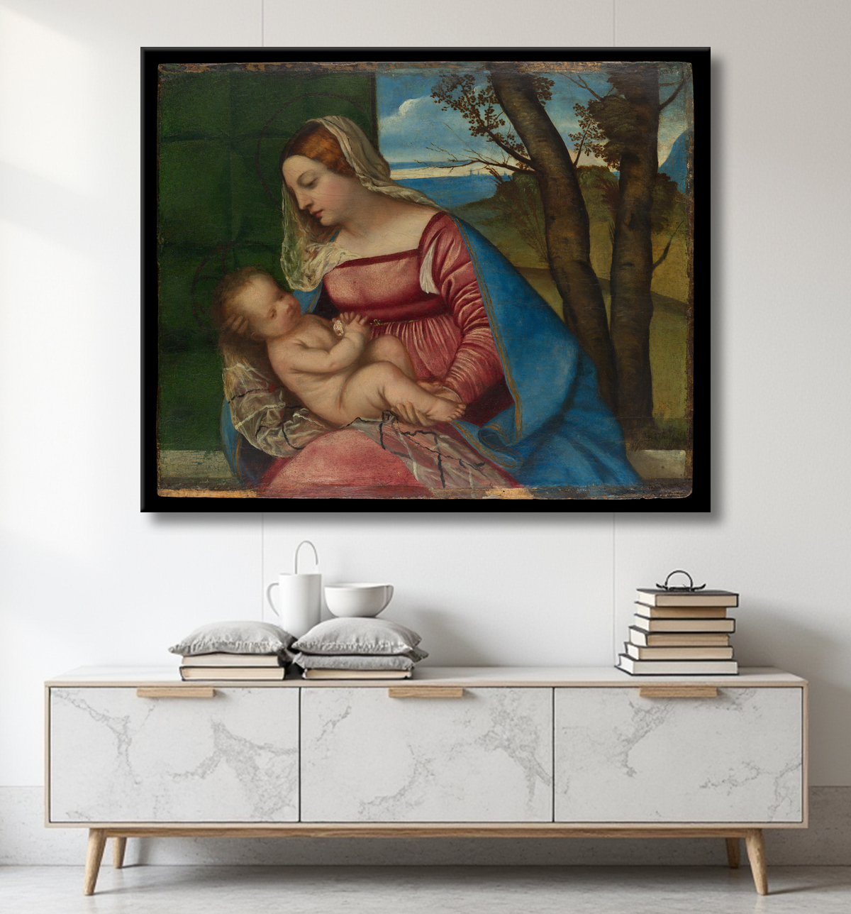 Reproduction Vierge à l'enfant de Titian (Tiziano Vecellio) avec decor