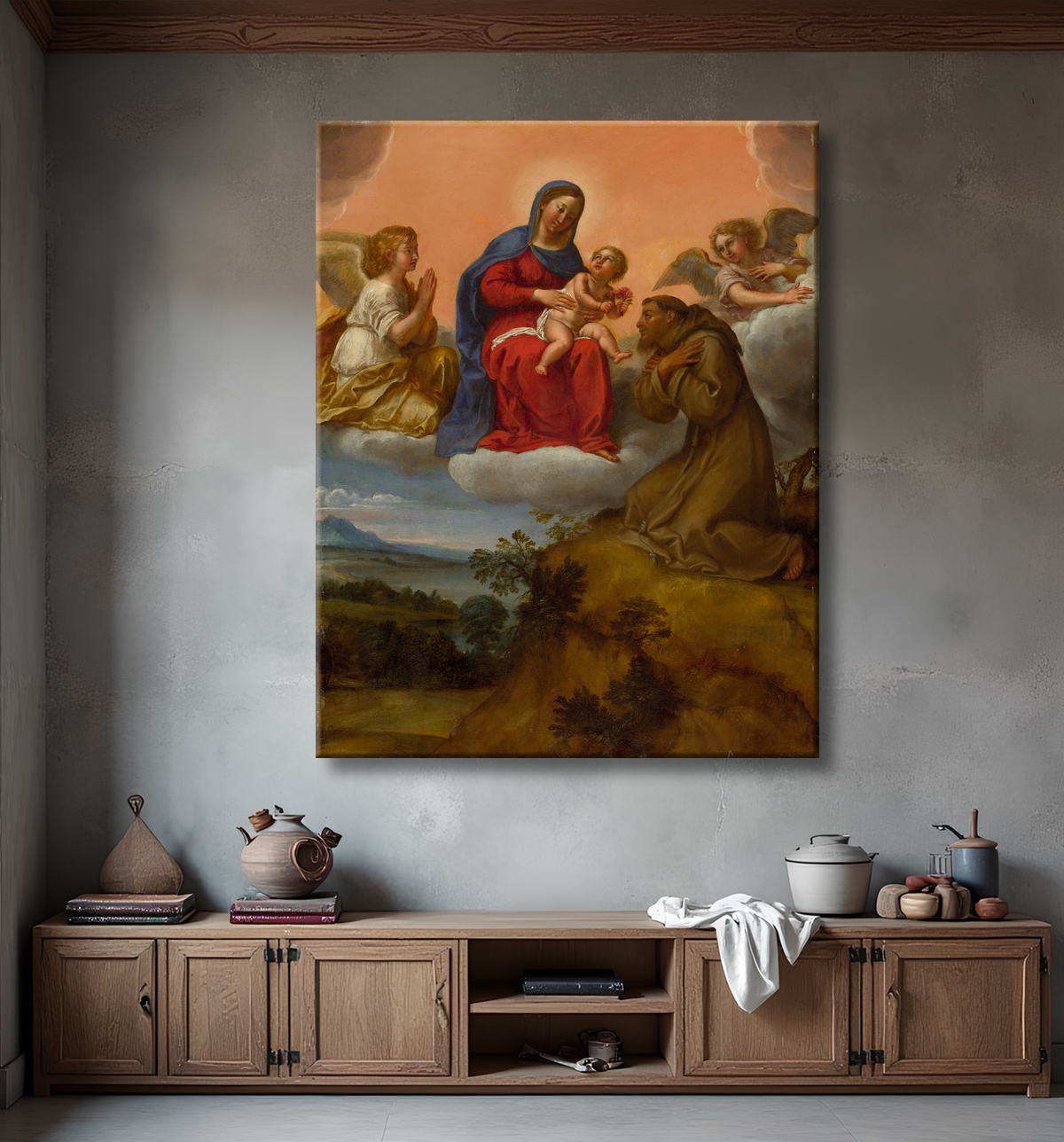 Reproduction Vierge à l'Enfant adorée par saint François de Francesco Albani avec decor