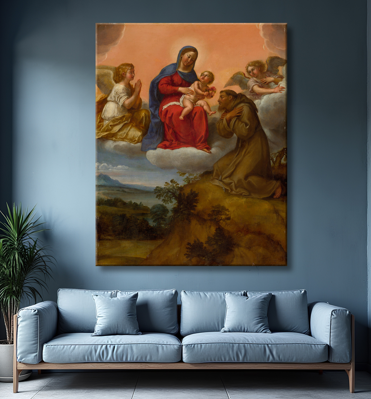 Reproduction Vierge à l'Enfant adorée par saint François de Francesco Albani avec decor