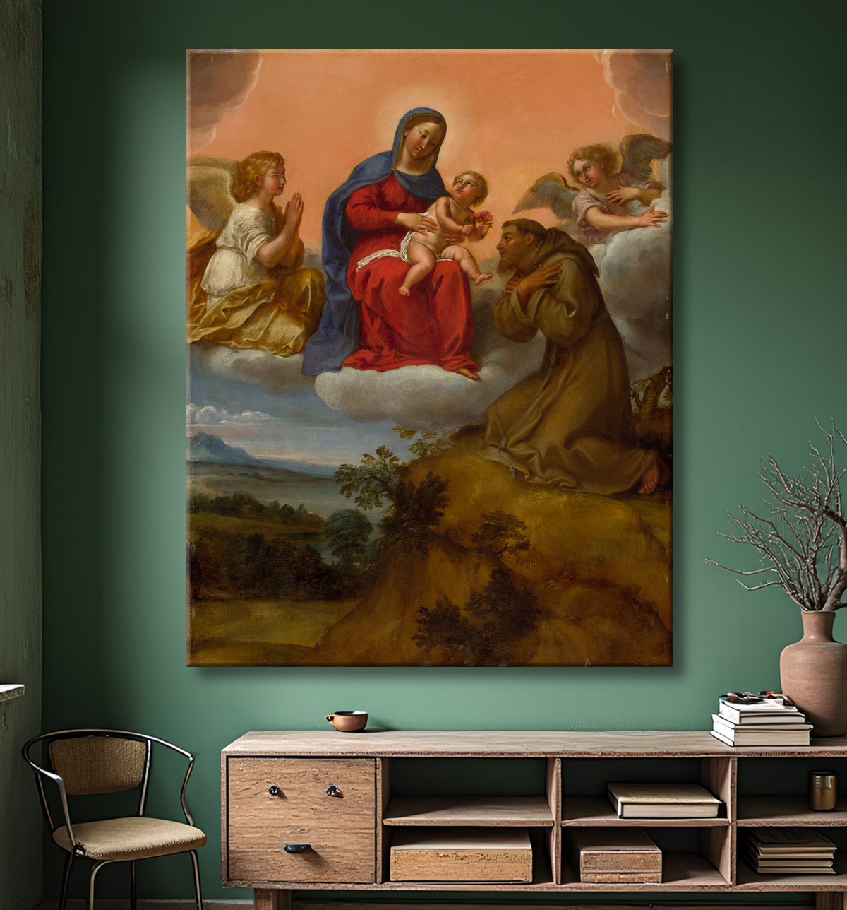 Reproduction Vierge à l'Enfant adorée par saint François de Francesco Albani avec decor