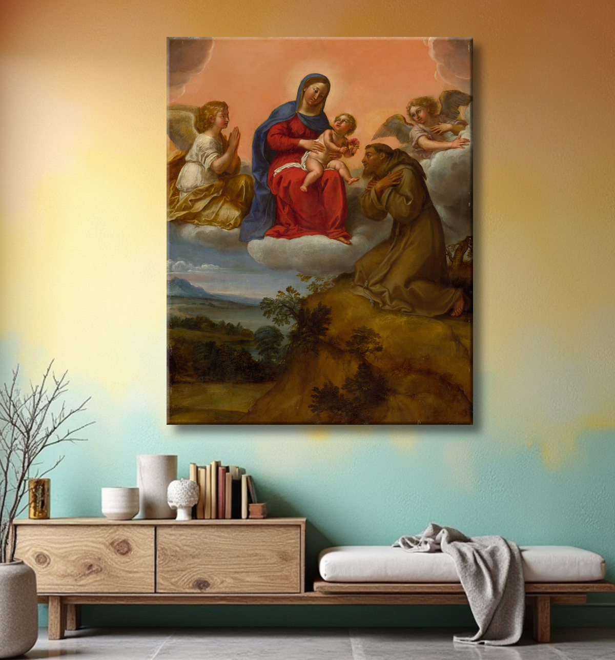 Reproduction Vierge à l'Enfant adorée par saint François de Francesco Albani avec decor