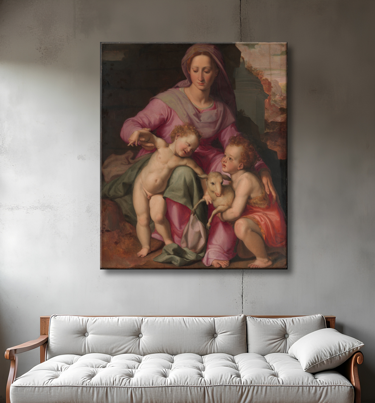 Reproduction Vierge à l'Enfant avec l'Enfant Saint Jean Baptiste de Santi di Tito avec decor