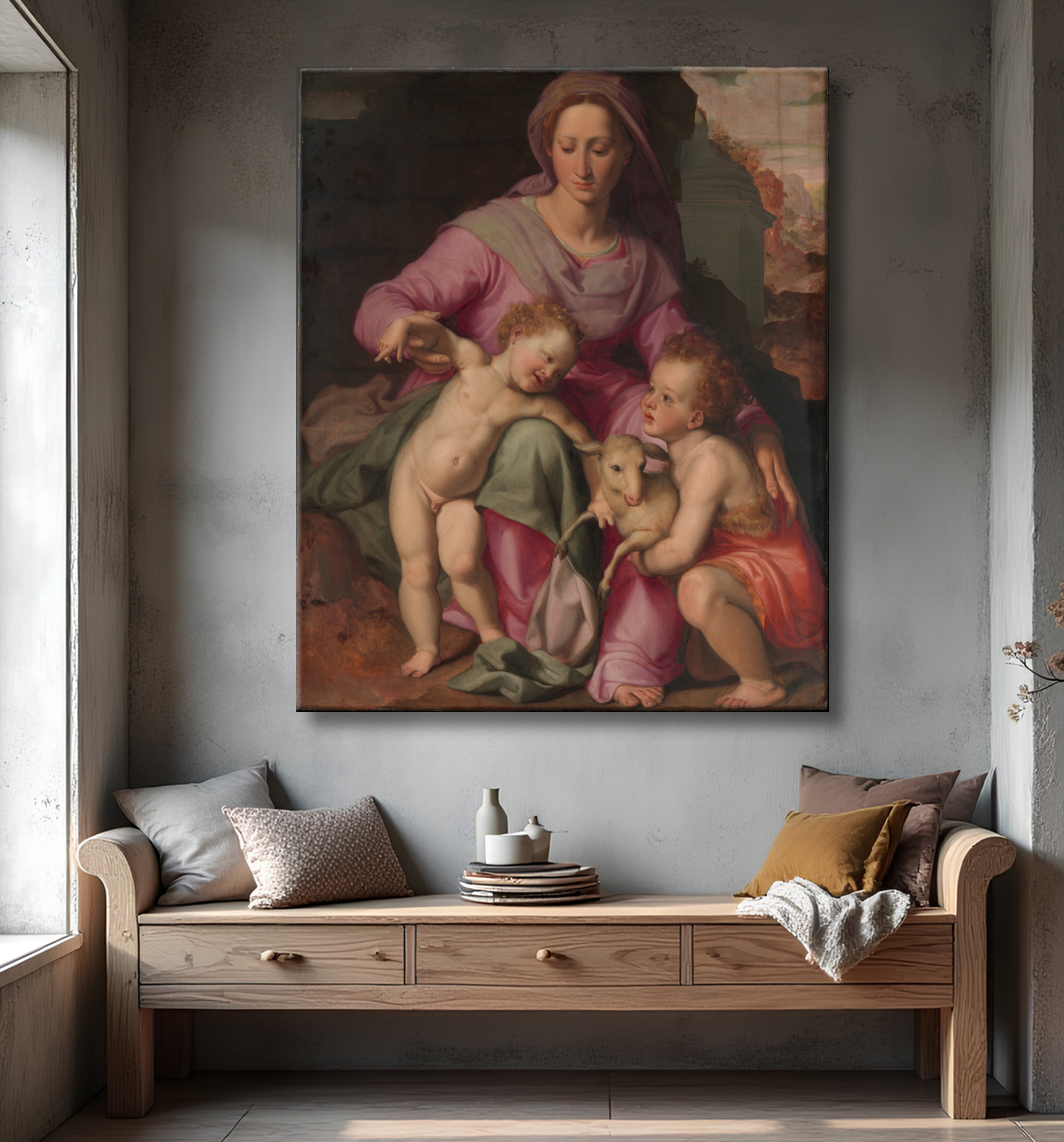 Reproduction Vierge à l'Enfant avec l'Enfant Saint Jean Baptiste de Santi di Tito avec decor