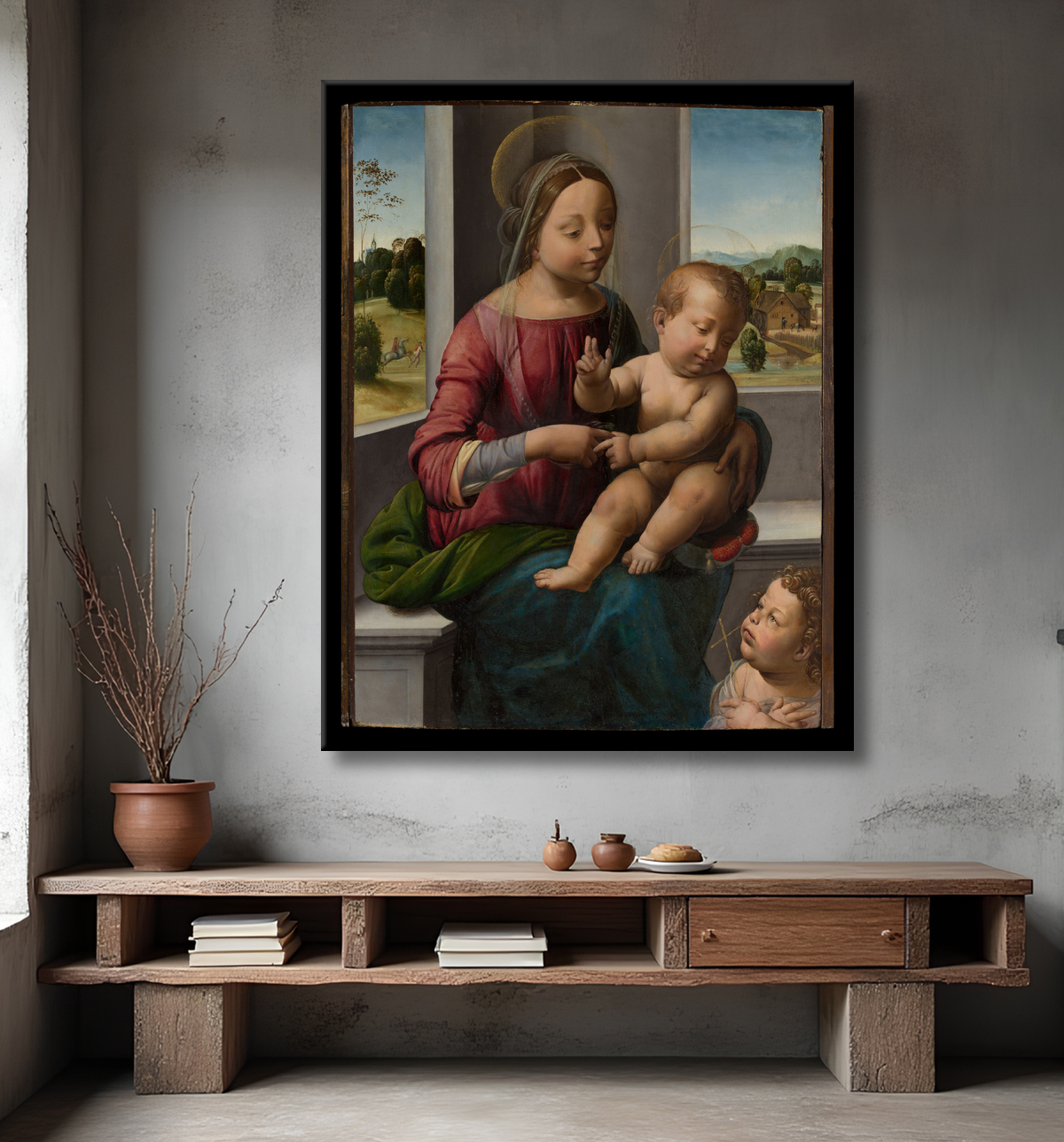 Reproduction Vierge à l'enfant avec le jeune saint Jean-Baptiste de Fra Bartolomeo (Bartolomeo di Paolo del Fattorino) avec decor
