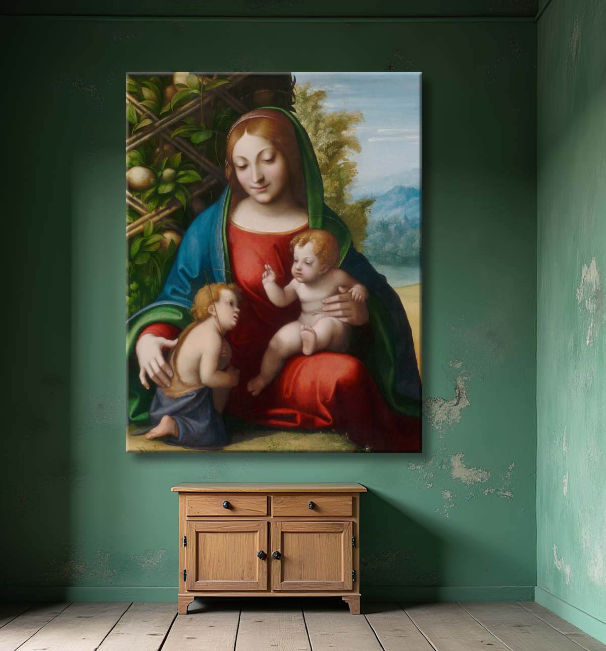 Reproduction Vierge à l'enfant avec le jeune saint Jean-Baptiste de Antonio da Correggio avec decor
