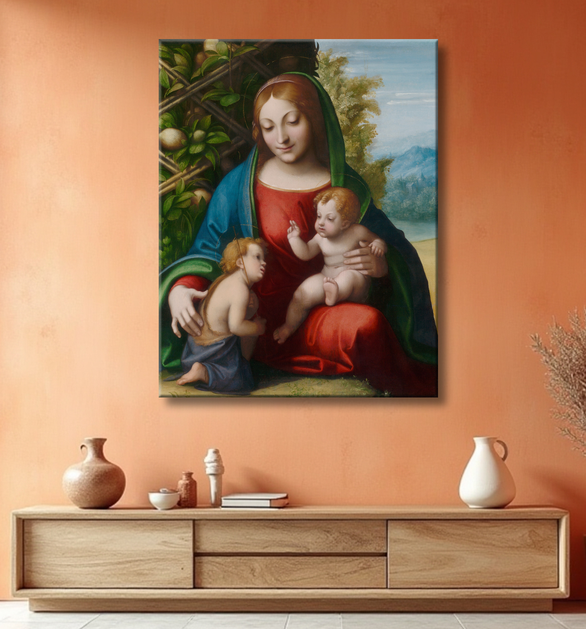 Reproduction Vierge à l'enfant avec le jeune saint Jean-Baptiste de Antonio da Correggio avec decor