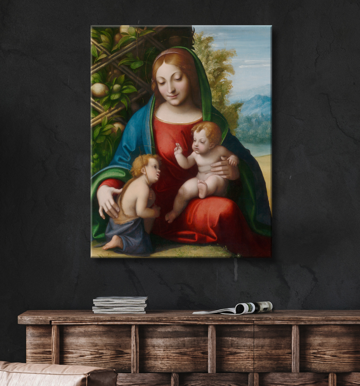 Reproduction Vierge à l'enfant avec le jeune saint Jean-Baptiste de Antonio da Correggio avec decor