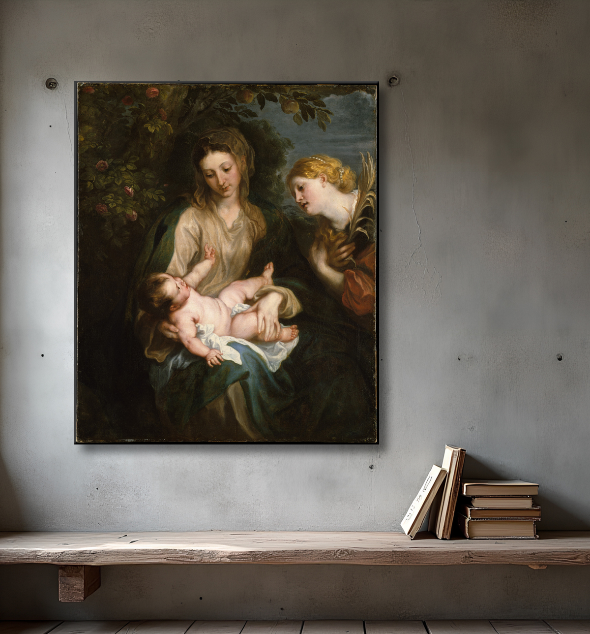Reproduction Vierge à l'Enfant avec sainte Catherine d'Alexandrie de Anthony van Dyck avec decor