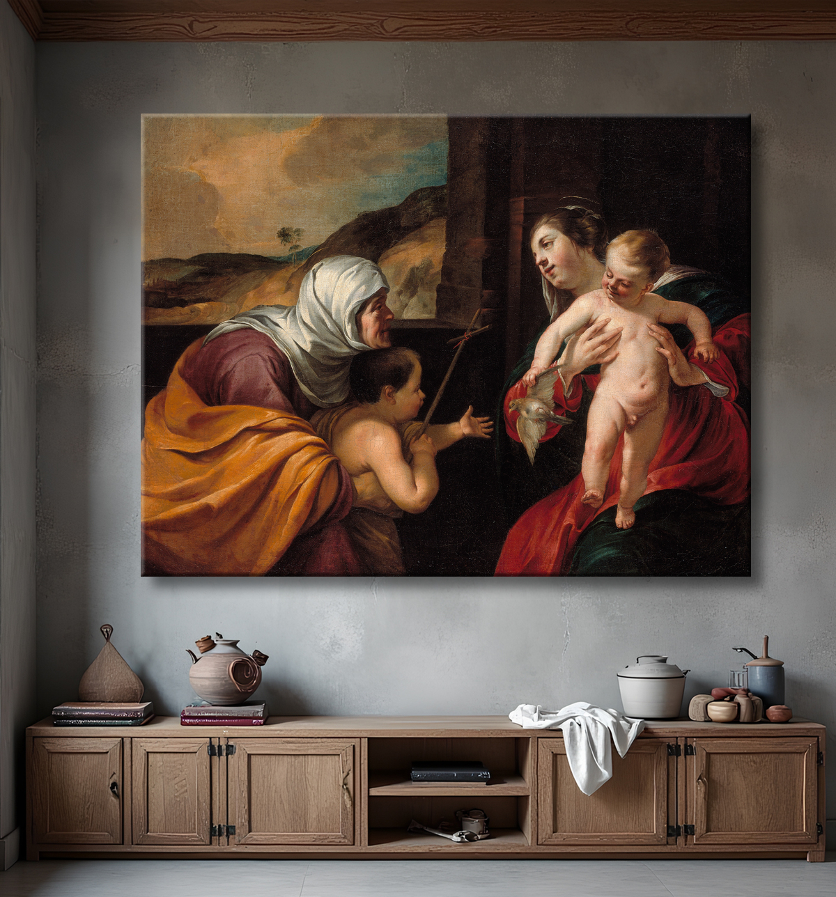 Reproduction Vierge à l'Enfant avec Sainte Elisabeth et l'Enfant Saint Jean Baptiste de Jacques Blanchard avec decor