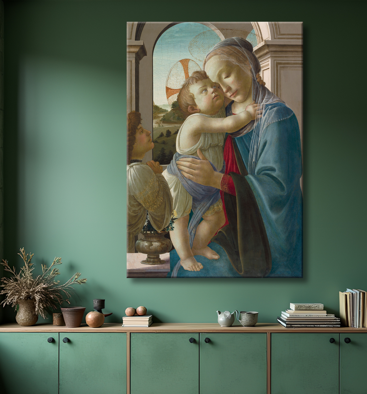 Reproduction Vierge à l'enfant avec un ange de Sandro Botticelli avec decor