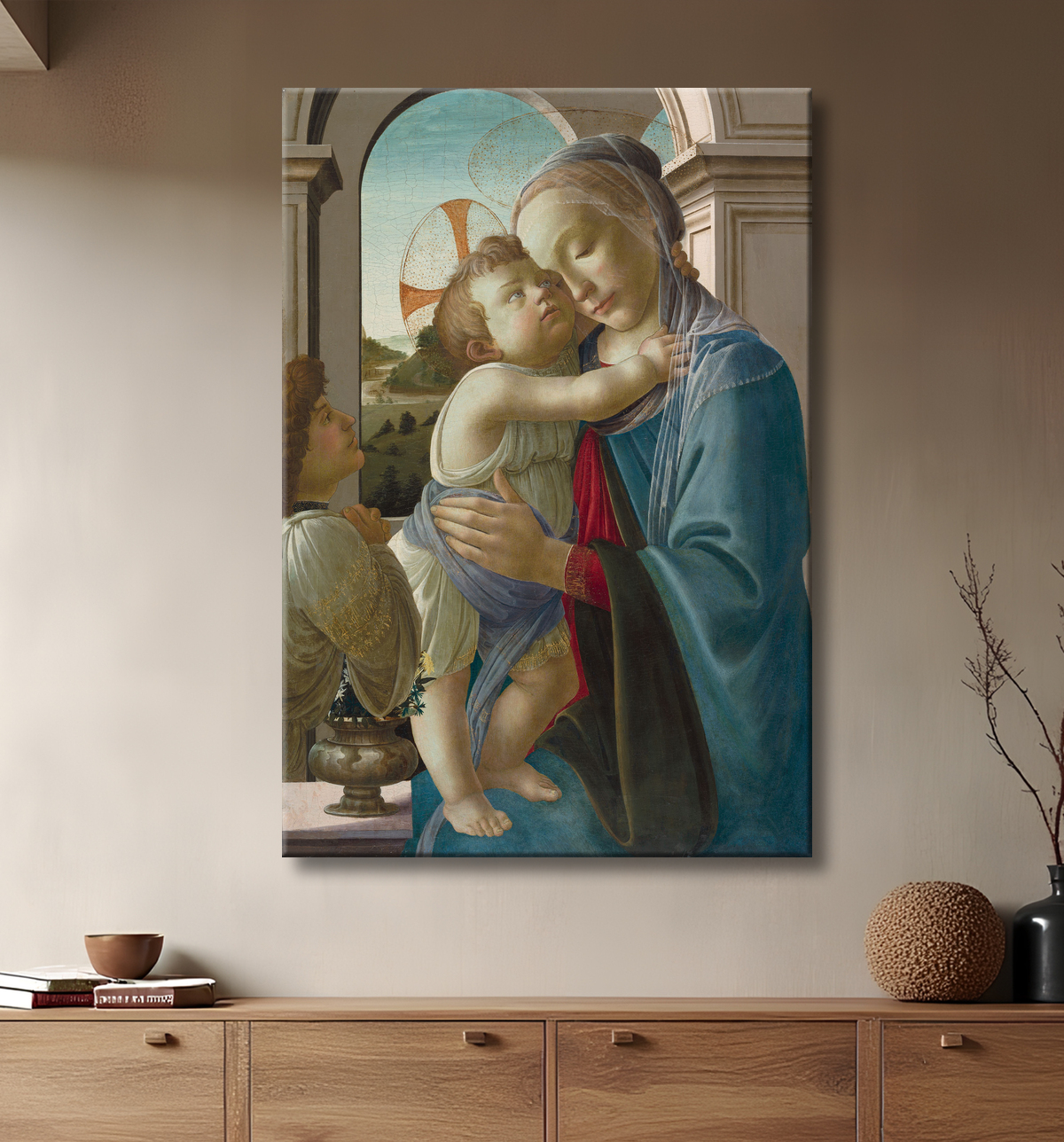 Reproduction Vierge à l'enfant avec un ange de Sandro Botticelli avec decor
