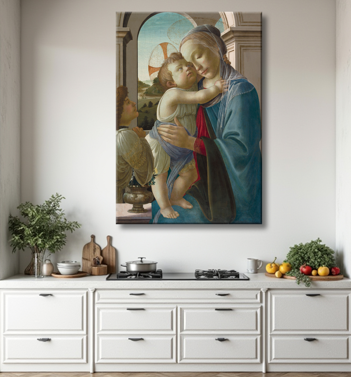 Reproduction Vierge à l'enfant avec un ange de Sandro Botticelli avec decor