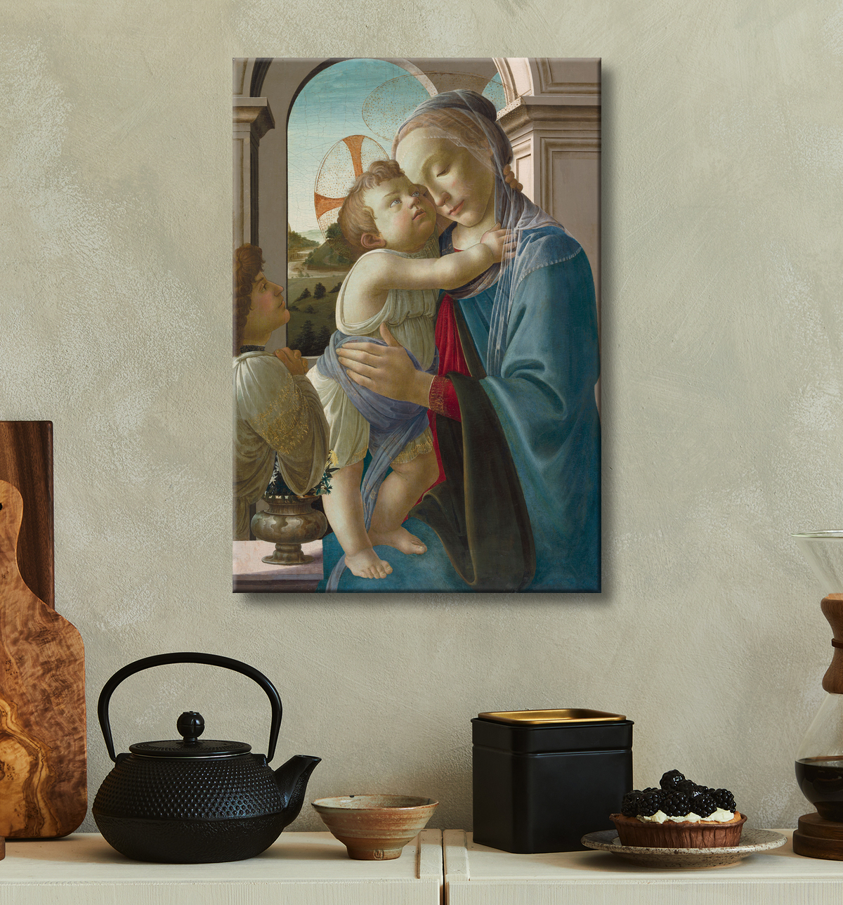 Reproduction Vierge à l'enfant avec un ange de Sandro Botticelli avec decor