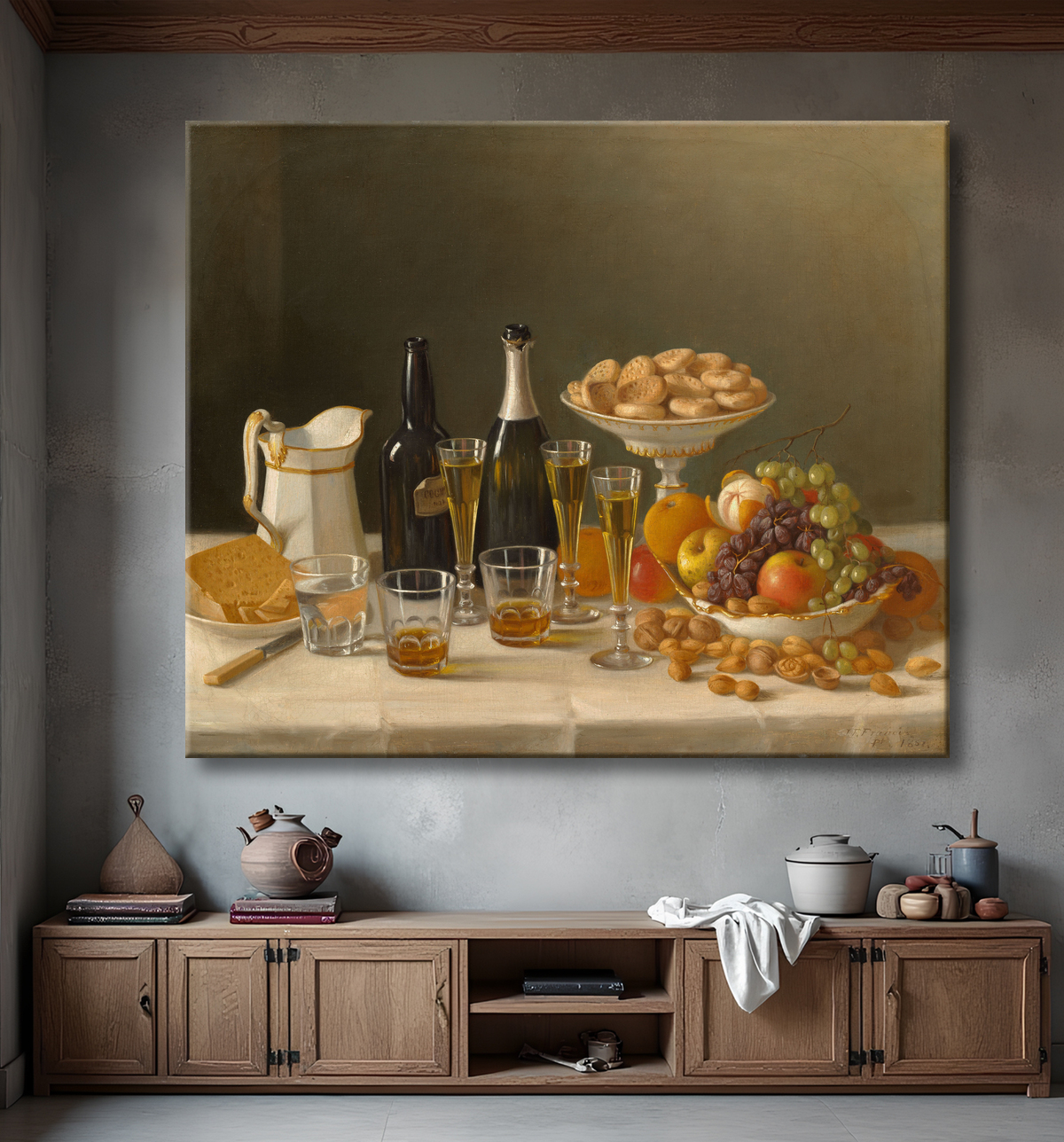Reproduction Vin, fromage et fruits de John F. Francis avec decor