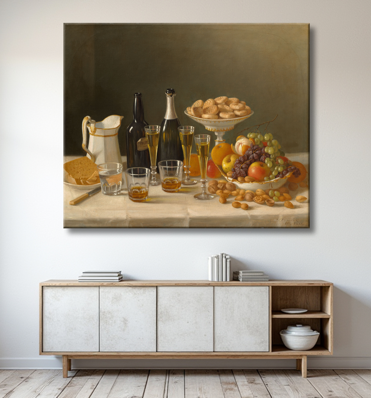 Reproduction Vin, fromage et fruits de John F. Francis avec decor