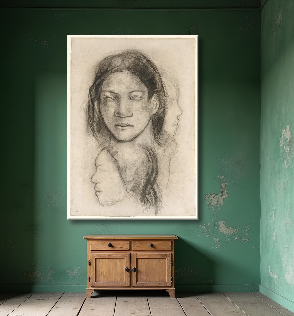 Reproduction Visages tahitiens (vue de face et profils) de Paul Gauguin avec decor