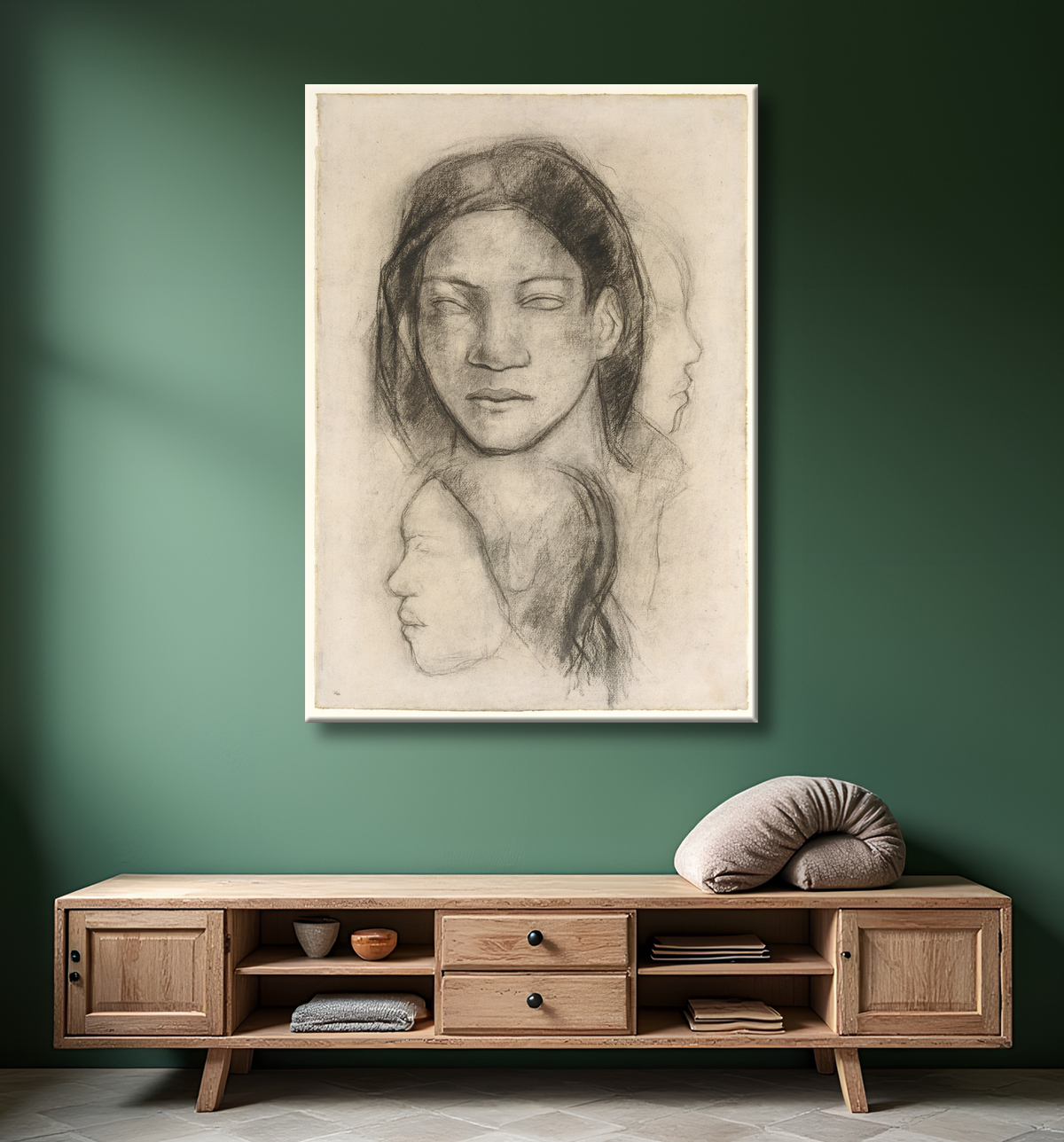 Reproduction Visages tahitiens (vue de face et profils) de Paul Gauguin avec decor