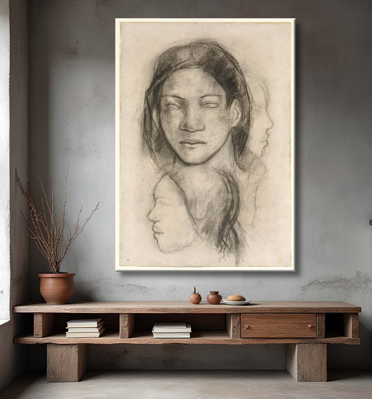 Reproduction Visages tahitiens (vue de face et profils) de Paul Gauguin avec decor