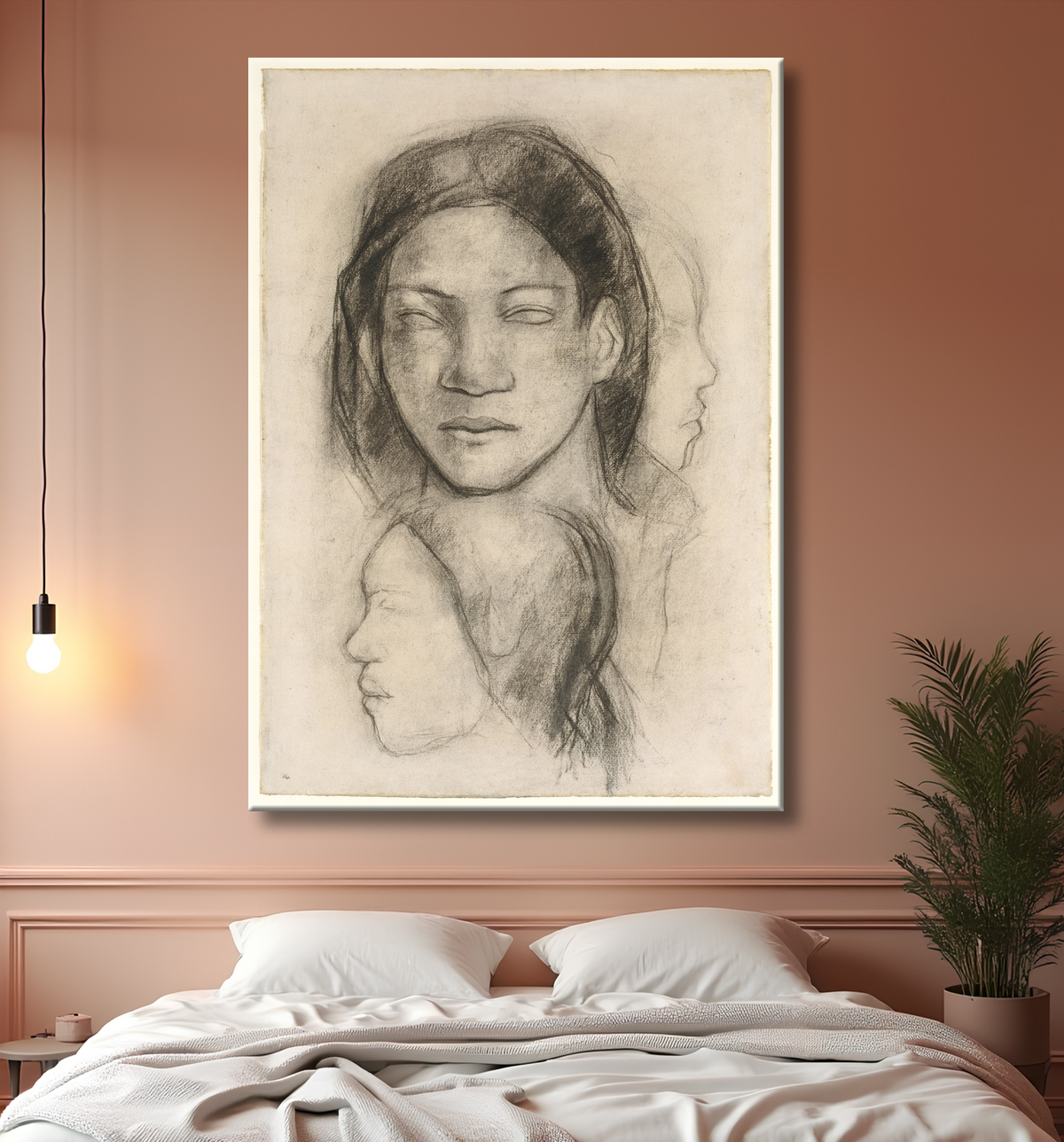 Reproduction Visages tahitiens (vue de face et profils) de Paul Gauguin avec decor