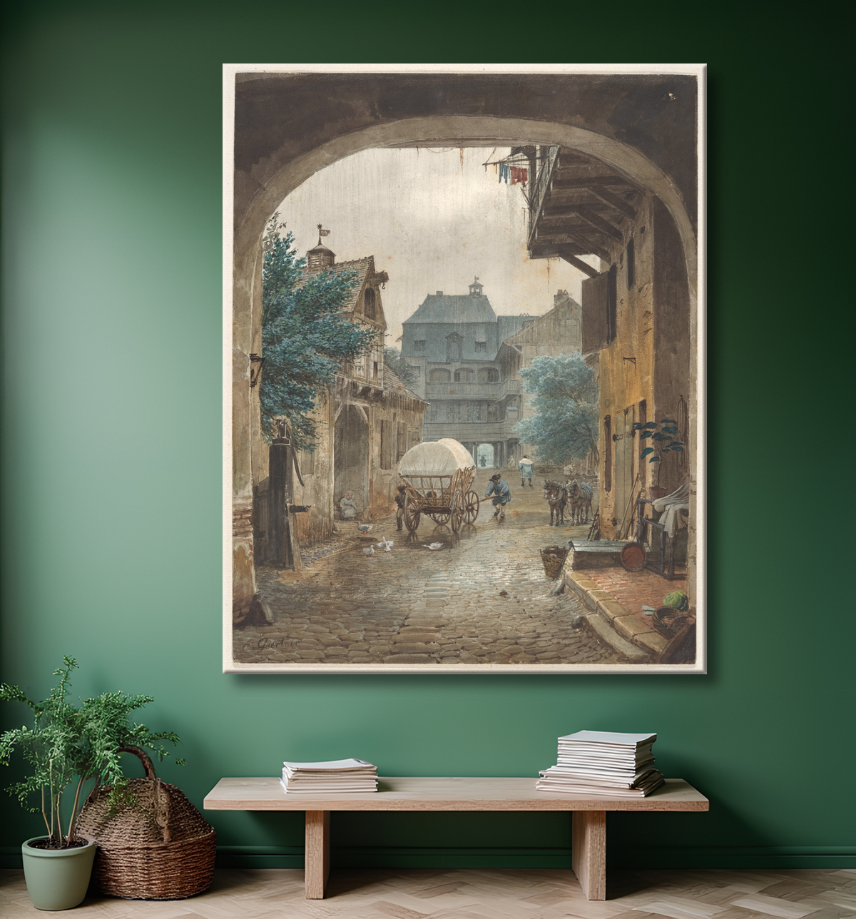 Reproduction Vue dans la cour d'une auberge à Colmar de Eduard Gaertner avec decor