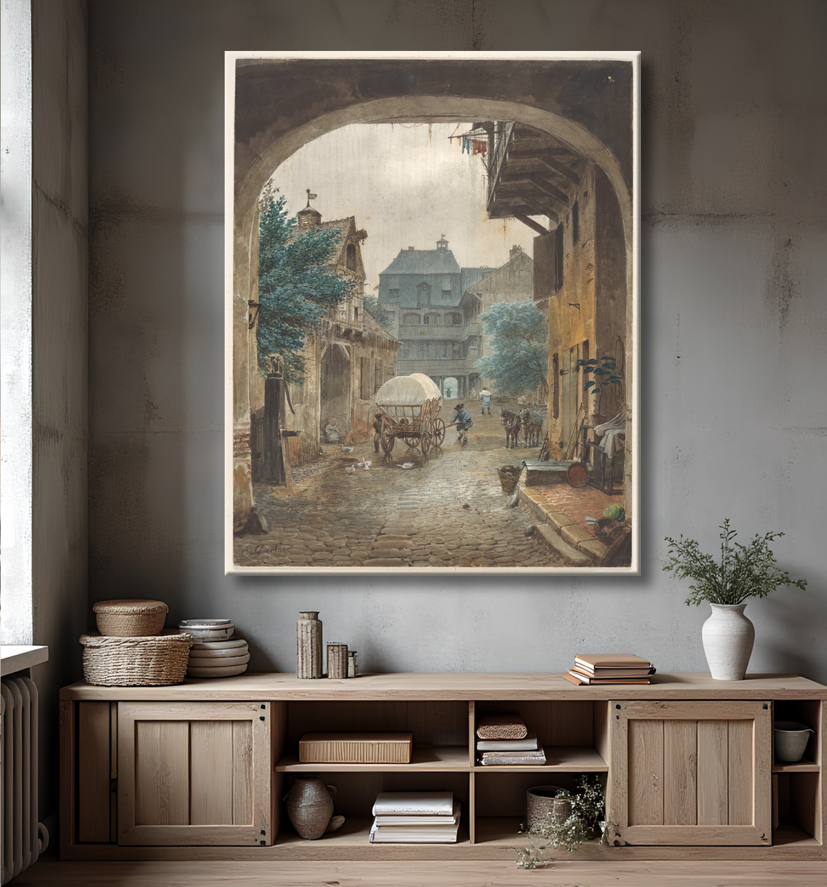 Reproduction Vue dans la cour d'une auberge à Colmar de Eduard Gaertner avec decor