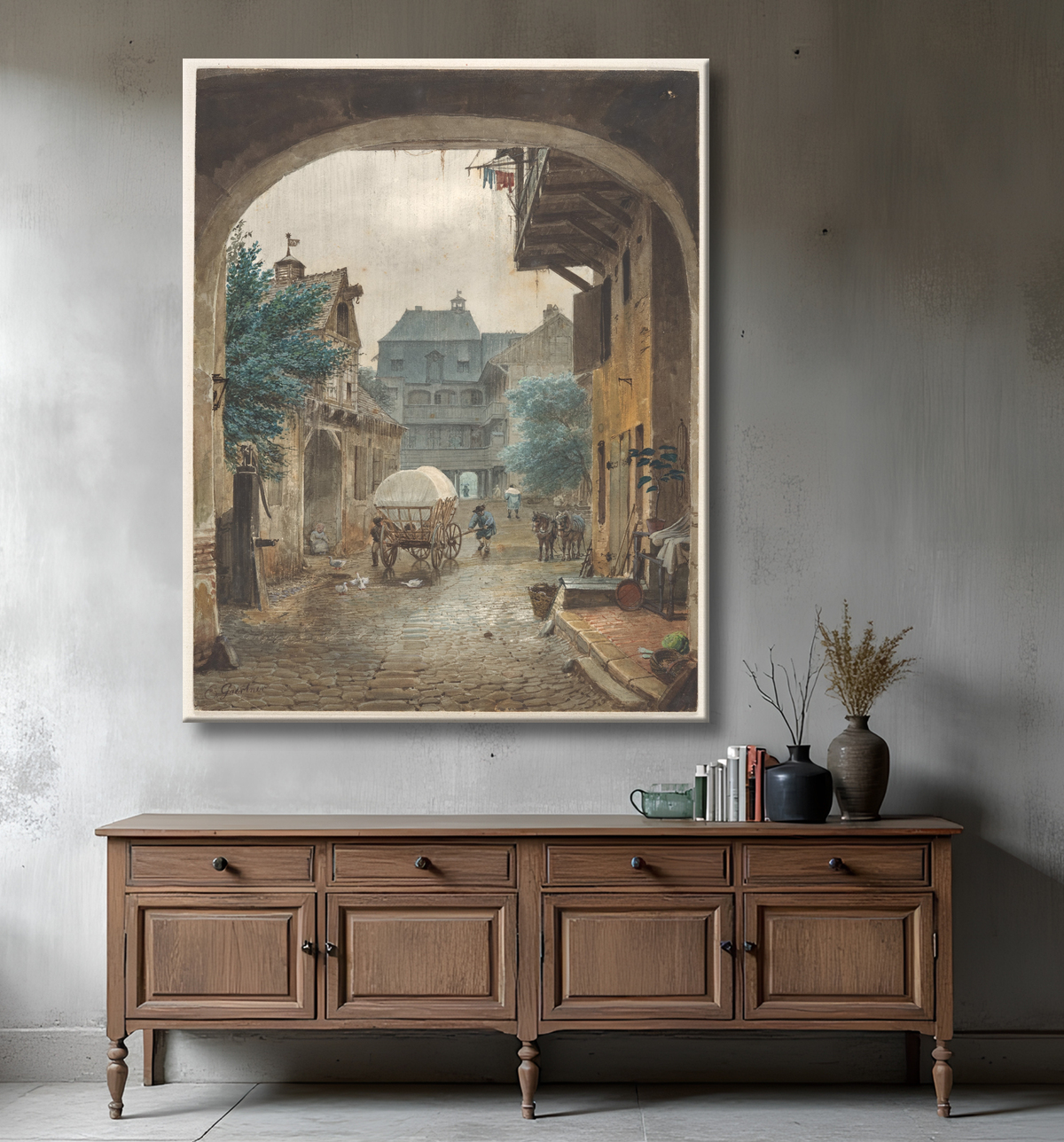 Reproduction Vue dans la cour d'une auberge à Colmar de Eduard Gaertner avec decor