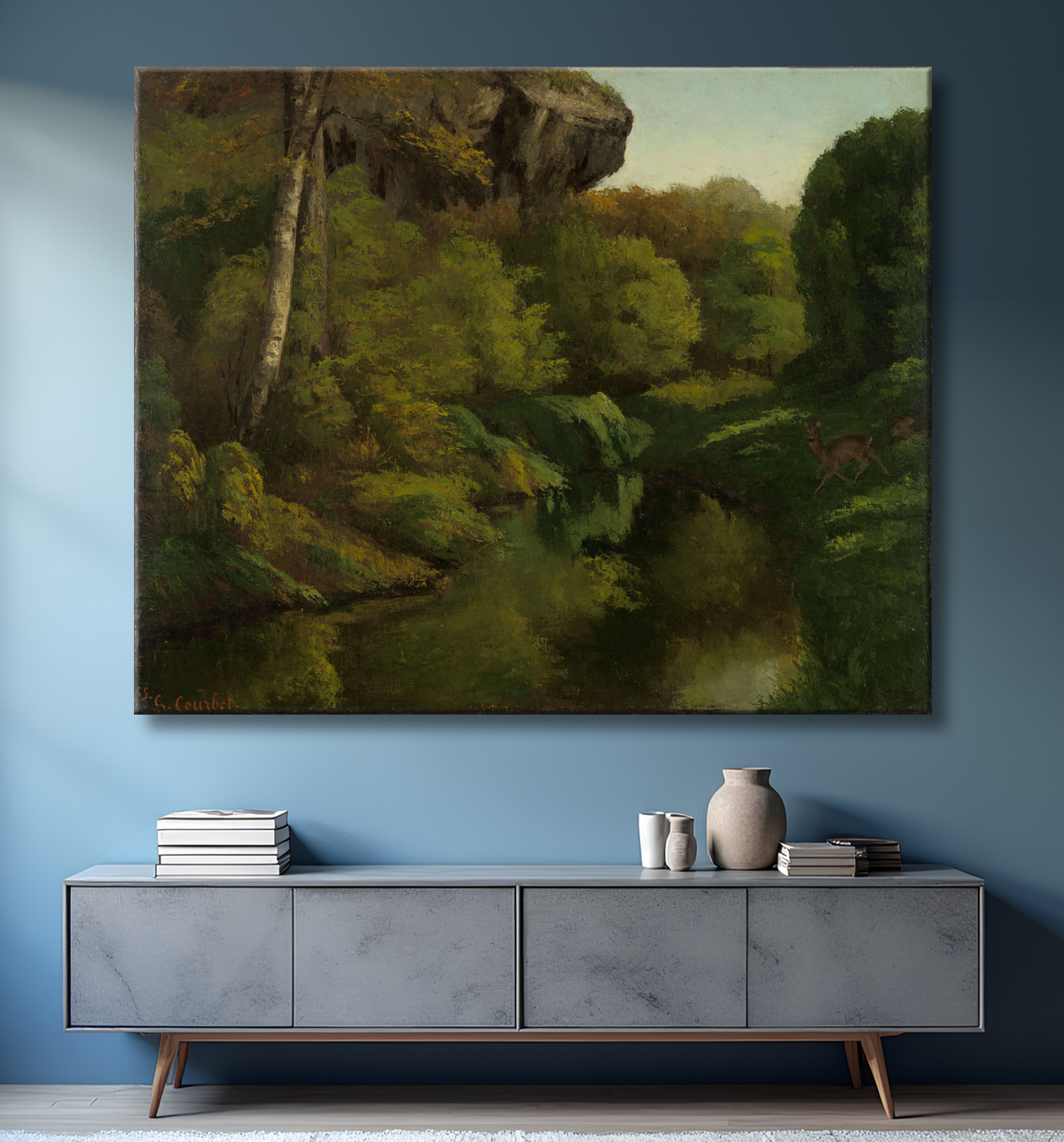 Reproduction Vue dans la forêt de Fontainebleau de Gustave Courbet avec decor