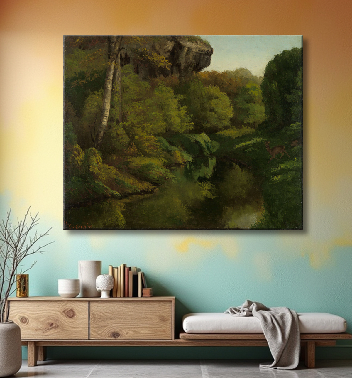 Reproduction Vue dans la forêt de Fontainebleau de Gustave Courbet avec decor