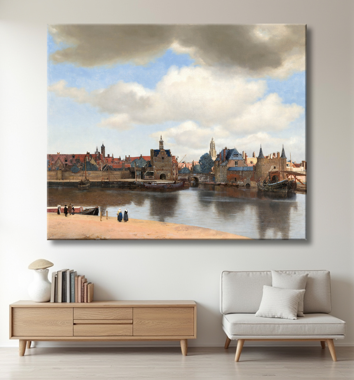 Reproduction du tableau « Vue de Delft » de Vermeer sur toile premium, impression fine art, châssis bois, fabrication française et formats sur mesure.