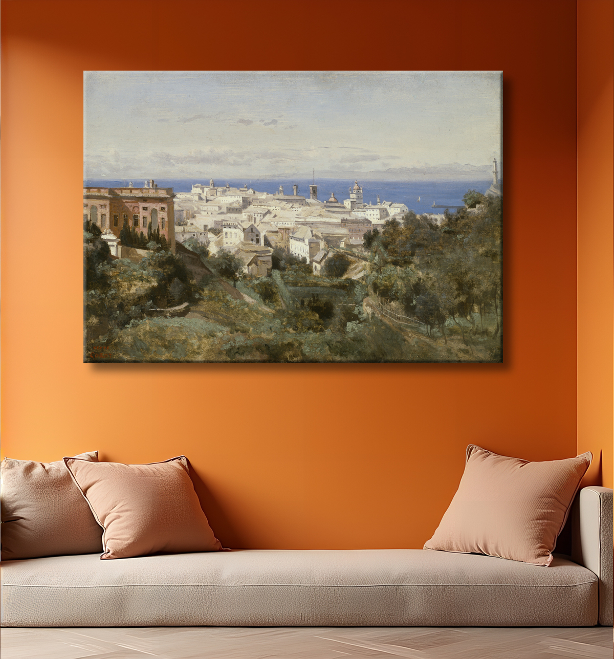 Reproduction Vue de Gênes de Jean Baptiste Camille Corot avec decor