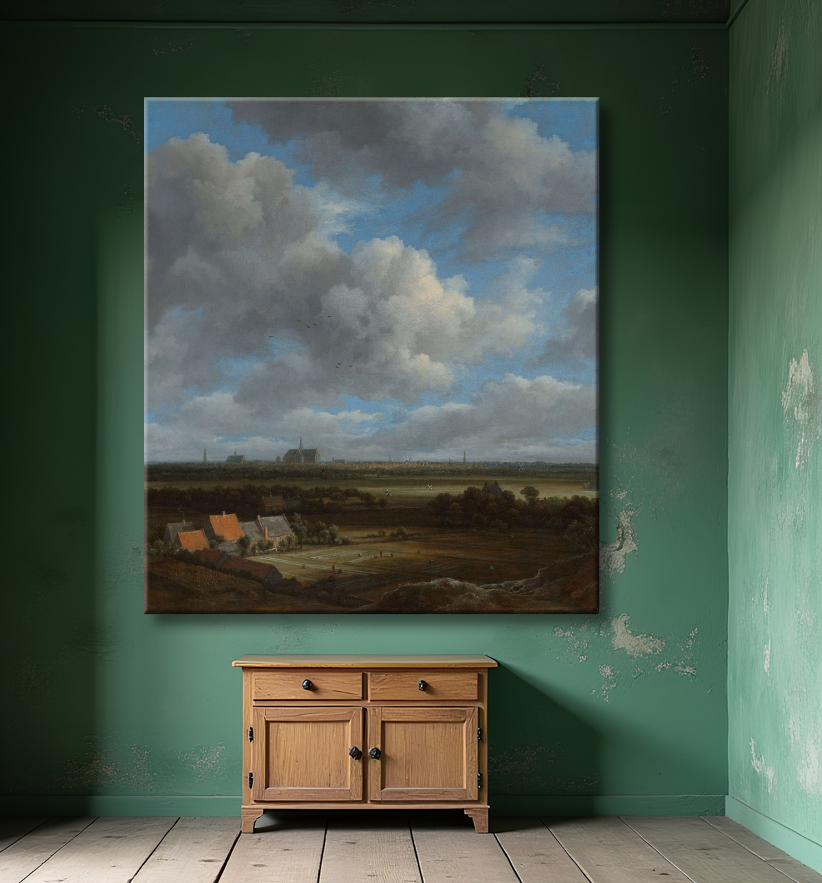 Reproduction Vue de Haarlem depuis le nord-ouest, avec les champs de blanchiment au premier plan de Jacob Isaacksz van Ruisdael avec decor