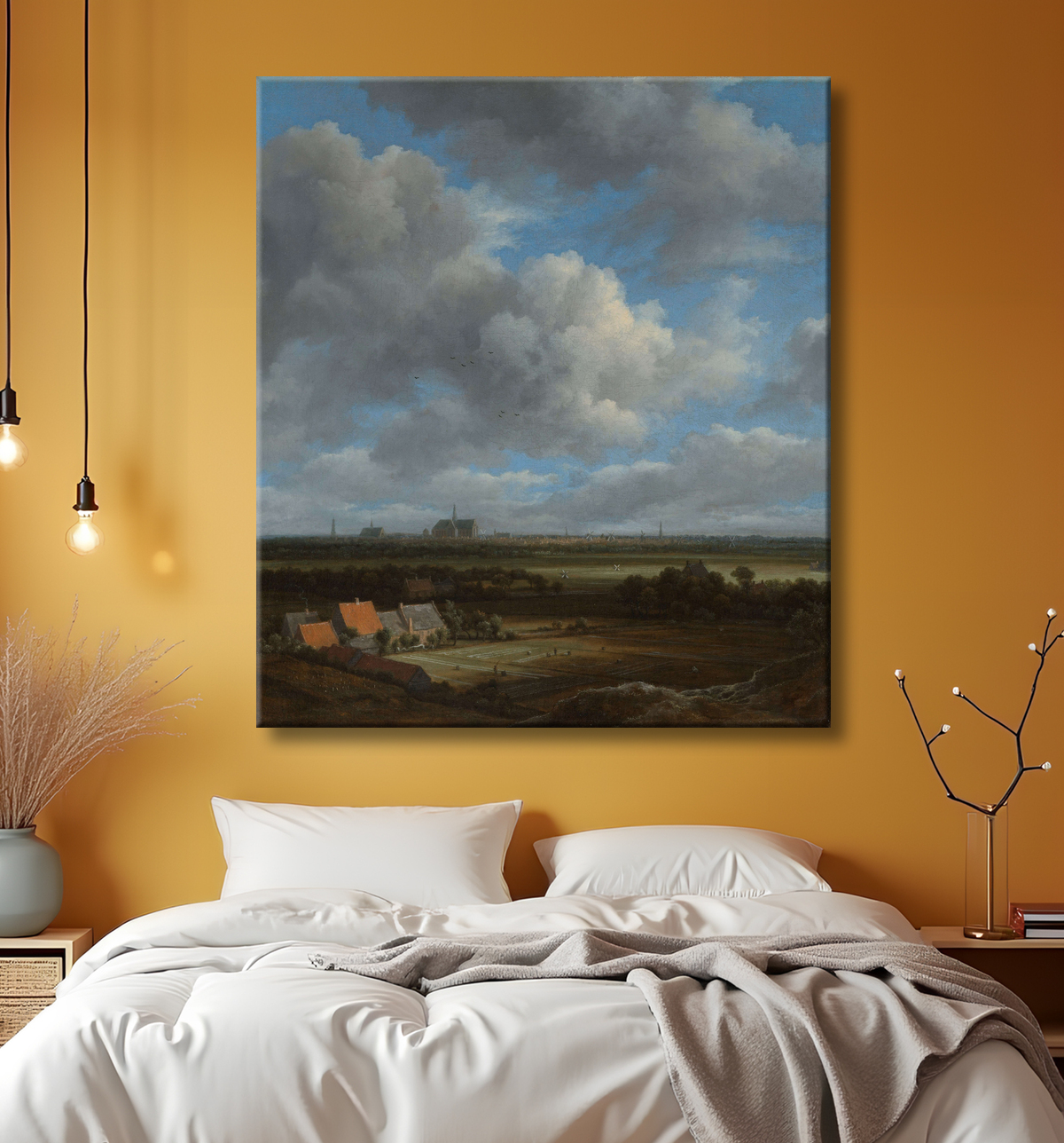 Reproduction Vue de Haarlem depuis le nord-ouest, avec les champs de blanchiment au premier plan de Jacob Isaacksz van Ruisdael avec decor