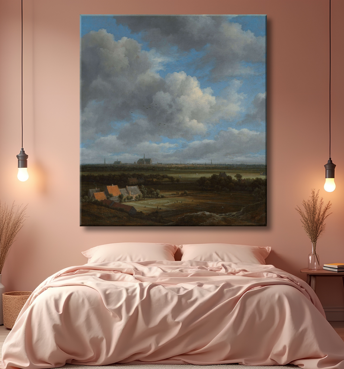 Reproduction Vue de Haarlem depuis le nord-ouest, avec les champs de blanchiment au premier plan de Jacob Isaacksz van Ruisdael avec decor