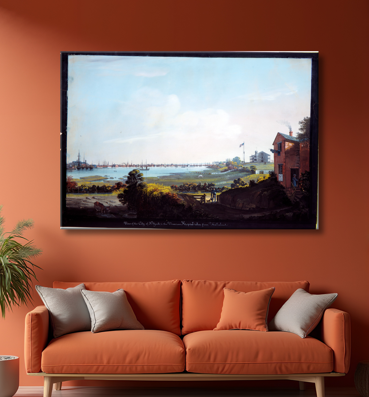 Reproduction Vue de la ville de New York et de l'hôpital marin prise de Wallabout de Nicolino Calyo avec decor