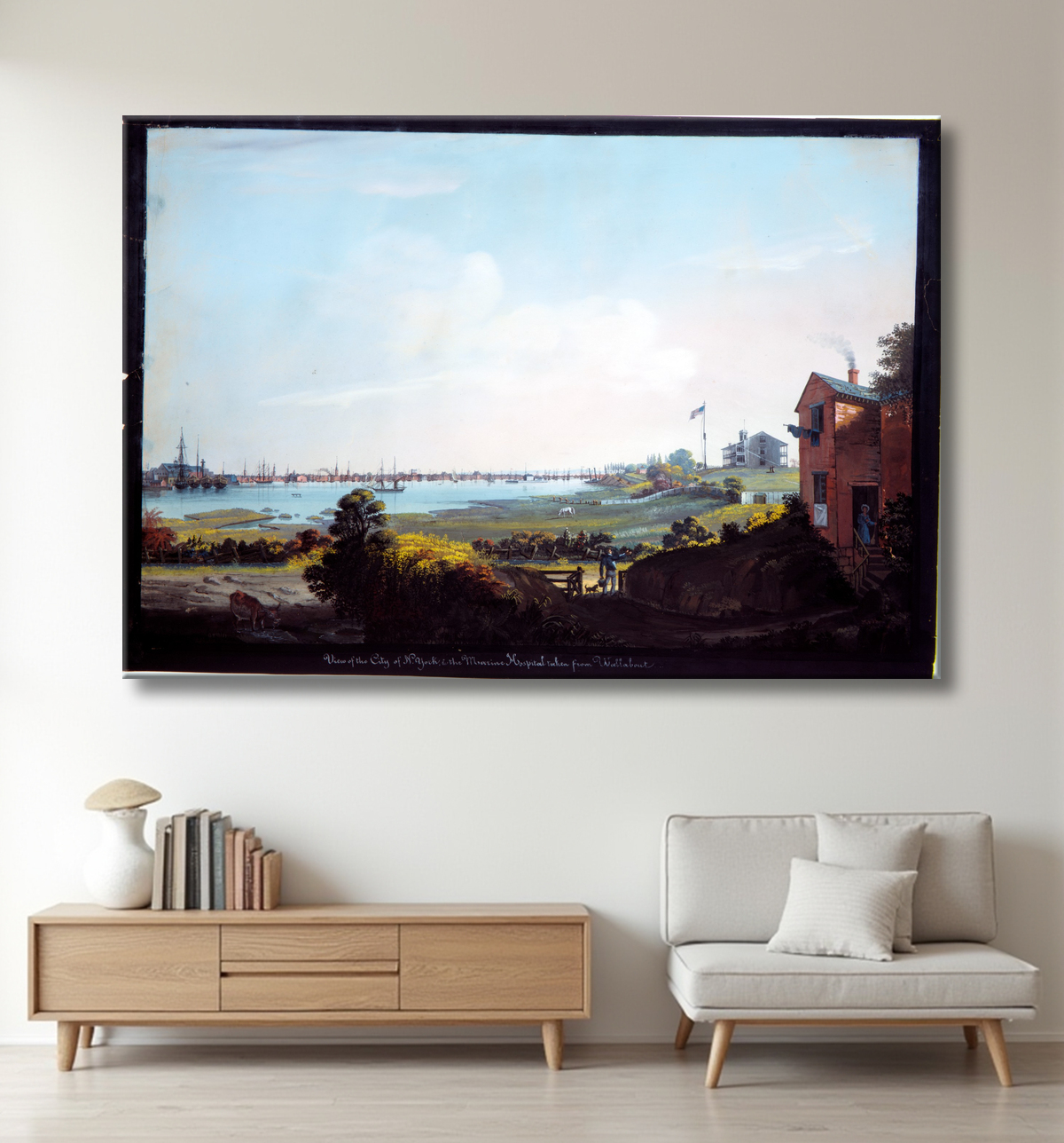 Reproduction Vue de la ville de New York et de l'hôpital marin prise de Wallabout de Nicolino Calyo avec decor