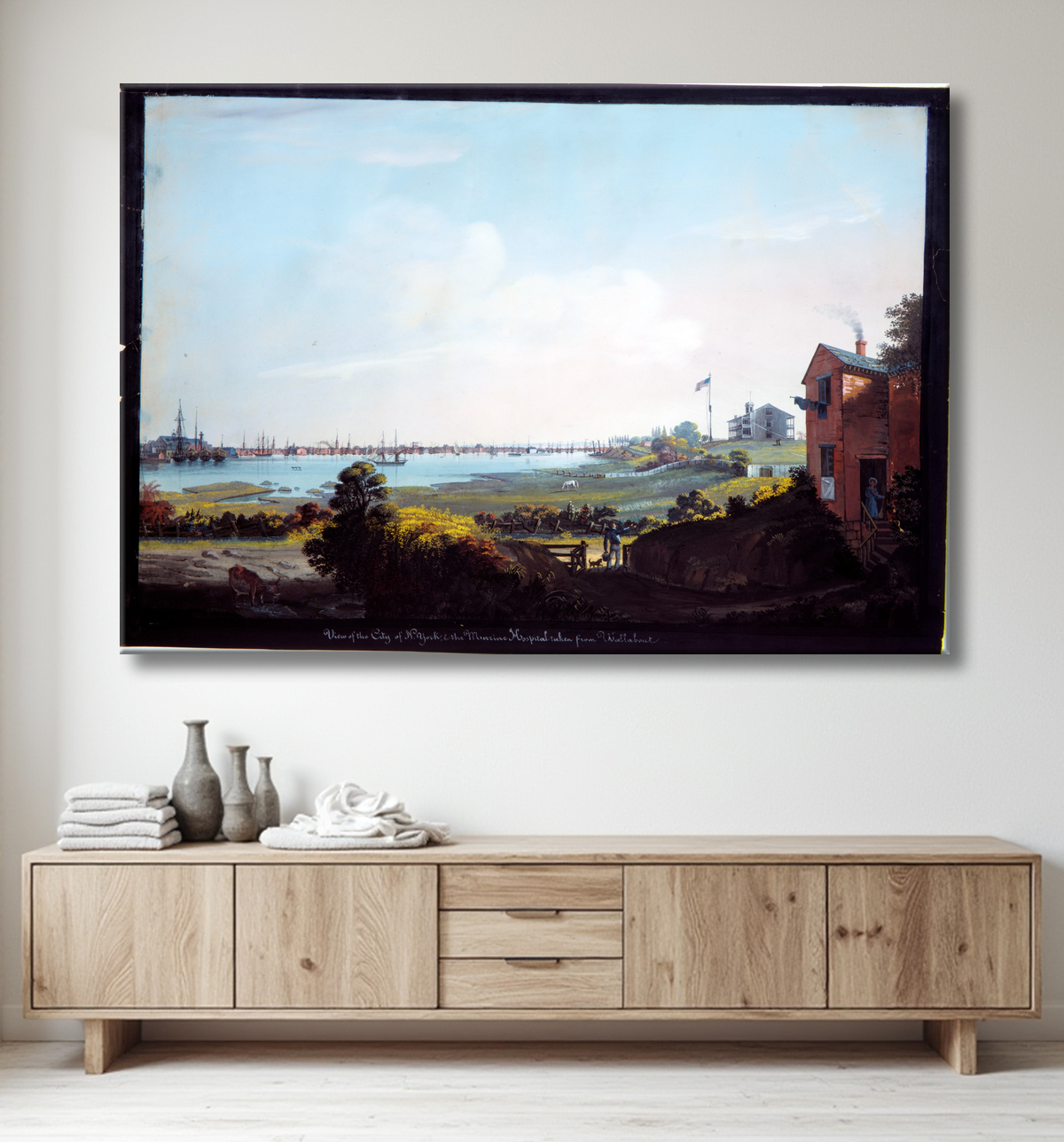 Reproduction Vue de la ville de New York et de l'hôpital marin prise de Wallabout de Nicolino Calyo avec decor