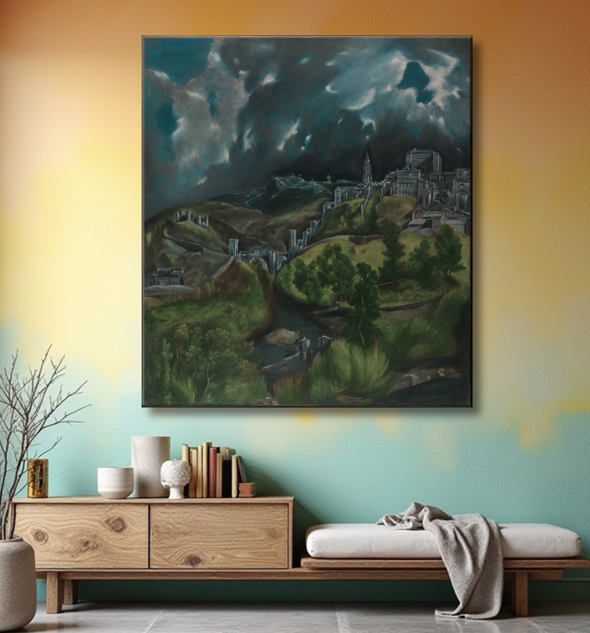 Reproduction Vue de Tolède de El Greco (Domenikos Theotokopoulos) avec decor