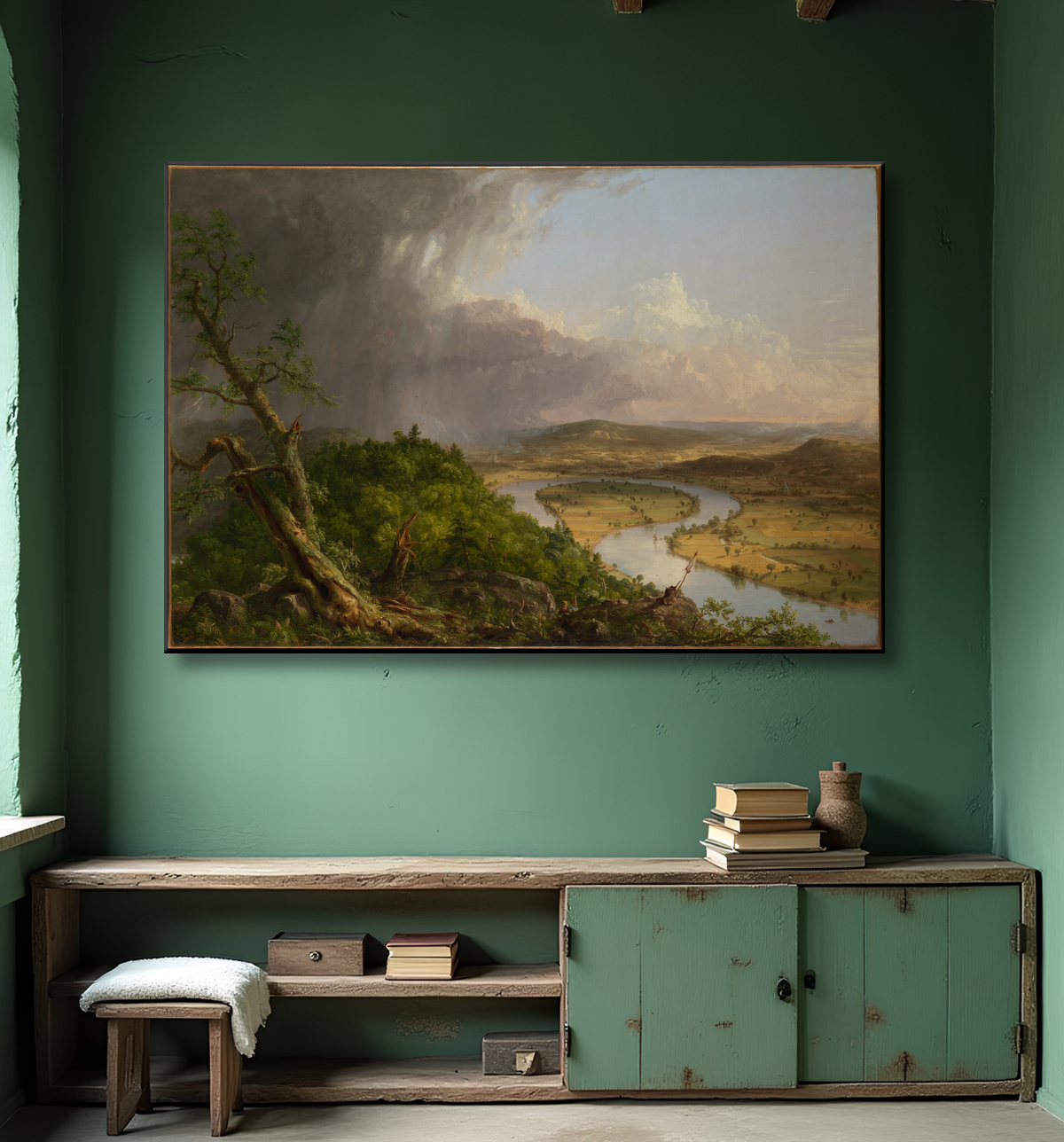 Reproduction Vue depuis le mont Holyoke, Northampton, Massachusetts, après un orage-l'Oxbow de Thomas Cole avec decor