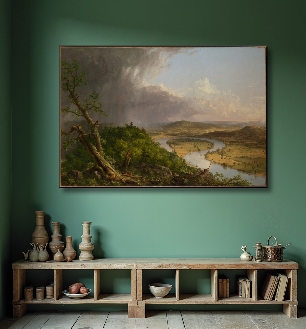 Reproduction Vue depuis le mont Holyoke, Northampton, Massachusetts, après un orage-l'Oxbow de Thomas Cole avec decor