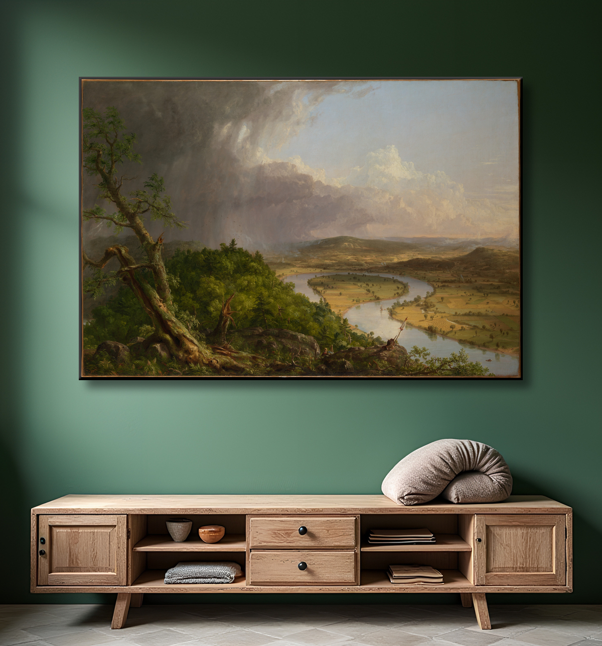 Reproduction Vue depuis le mont Holyoke, Northampton, Massachusetts, après un orage-l'Oxbow de Thomas Cole avec decor