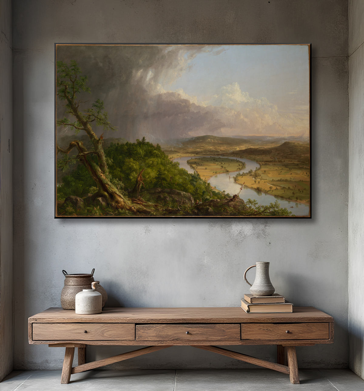 Reproduction Vue depuis le mont Holyoke, Northampton, Massachusetts, après un orage-l'Oxbow de Thomas Cole avec decor