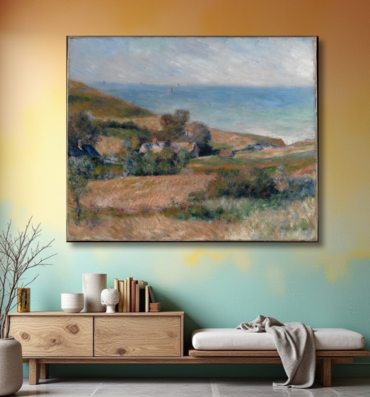 Reproduction Vue sur la côte près de Wargemont en Normandie de Auguste Renoir avec decor