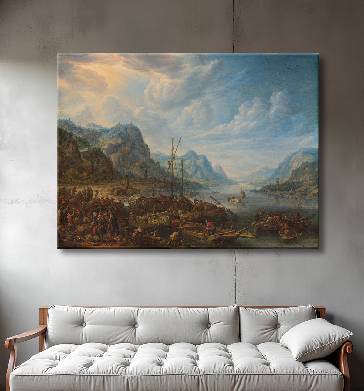 Reproduction Vue sur une rivière avec amarres de bateaux de Herman Saftleven avec decor
